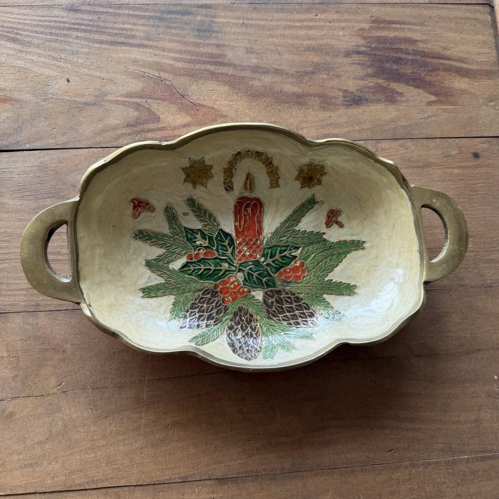 Vintage Brass Enamel Christmas Candy Dish Small Handled Scalloped Holiday Tray
